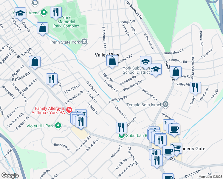map of restaurants, bars, coffee shops, grocery stores, and more near 1612 Crestlyn Road in York