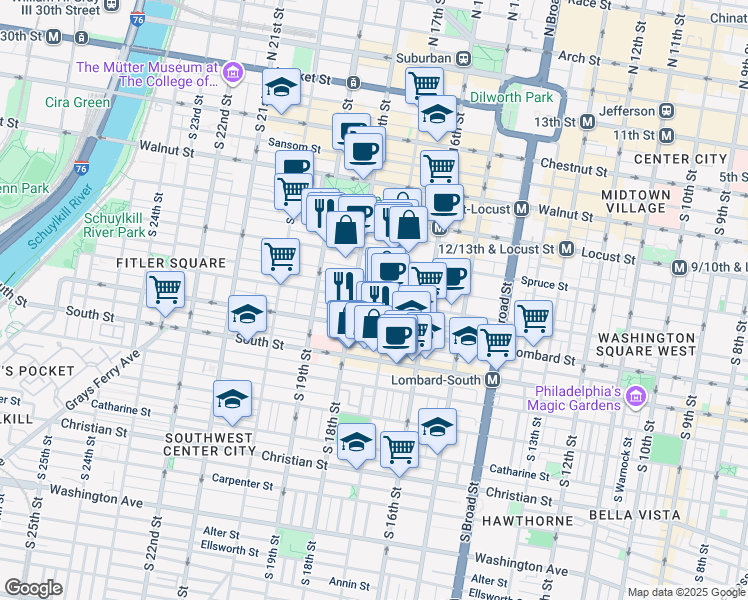 map of restaurants, bars, coffee shops, grocery stores, and more near 1716 Pine Street in Philadelphia