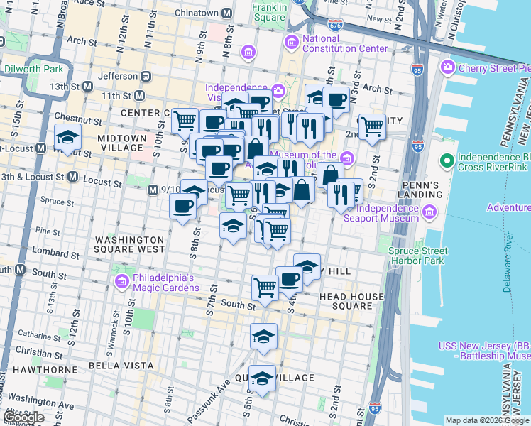 map of restaurants, bars, coffee shops, grocery stores, and more near 510 Walnut Street in Philadelphia