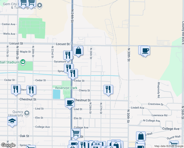 map of restaurants, bars, coffee shops, grocery stores, and more near 2618 Spruce Street in Quincy