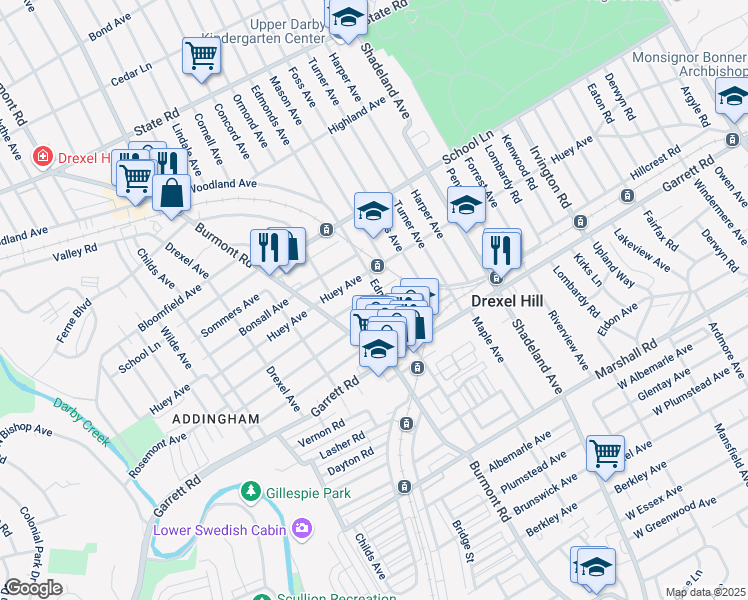 map of restaurants, bars, coffee shops, grocery stores, and more near 3704 Taylor Avenue in Drexel Hill