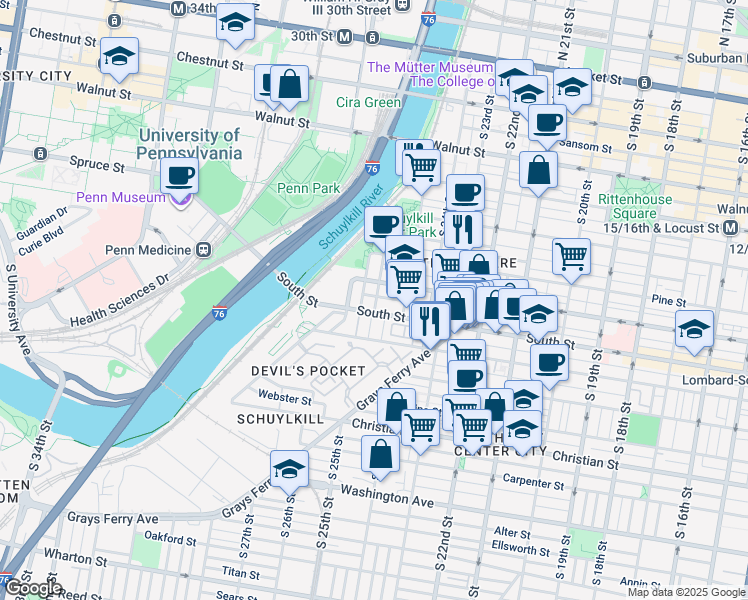 map of restaurants, bars, coffee shops, grocery stores, and more near 2600 Naudain Street in Philadelphia