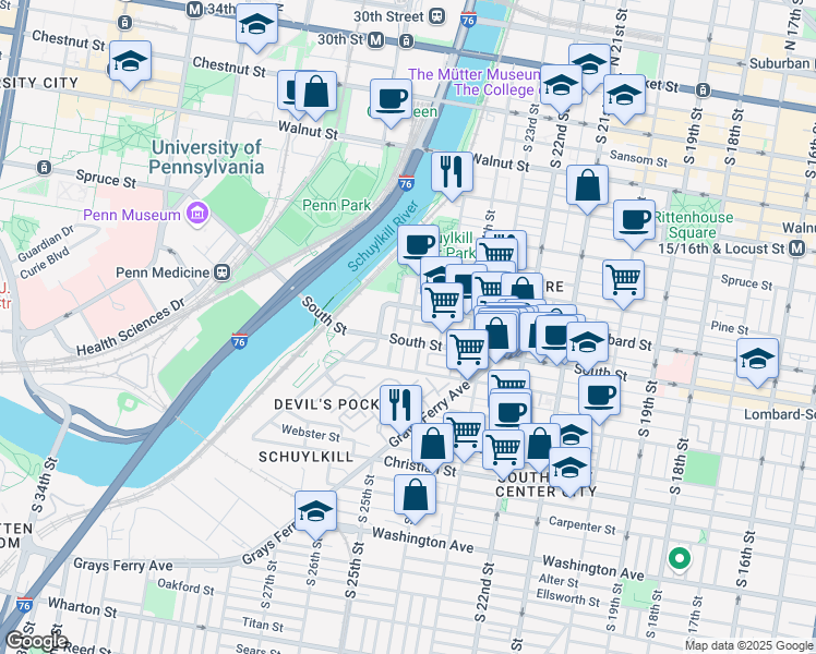 map of restaurants, bars, coffee shops, grocery stores, and more near 2600 Naudain Street in Philadelphia