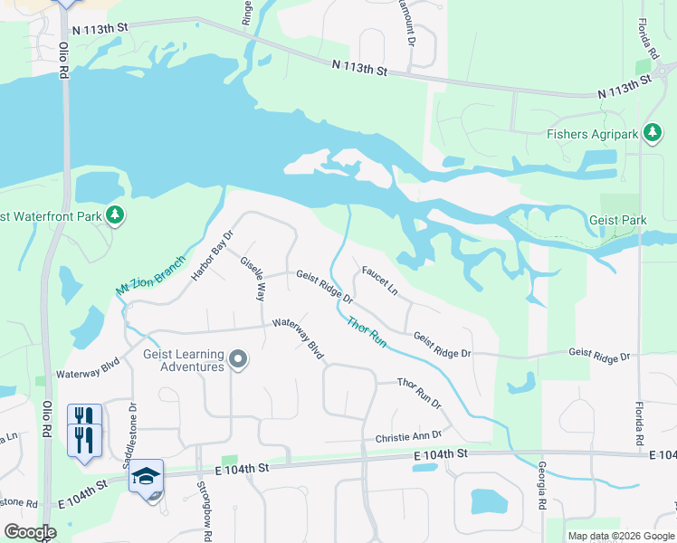 map of restaurants, bars, coffee shops, grocery stores, and more near 14476 Faucet Lane in Fortville