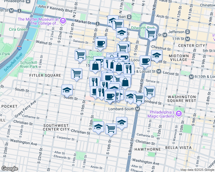 map of restaurants, bars, coffee shops, grocery stores, and more near 341 South 17th Street in Philadelphia