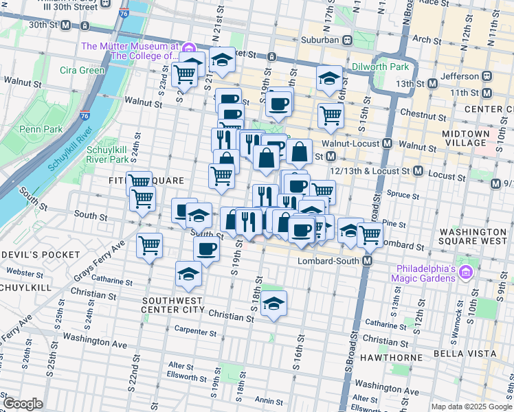 map of restaurants, bars, coffee shops, grocery stores, and more near 1820 Pine Street in Philadelphia