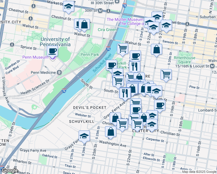 map of restaurants, bars, coffee shops, grocery stores, and more near 2602 Naudain Street in Philadelphia