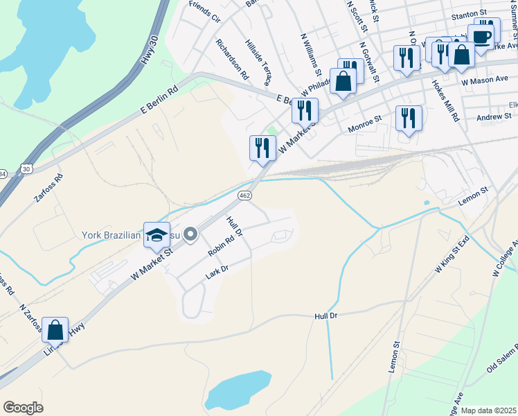 map of restaurants, bars, coffee shops, grocery stores, and more near Duvall Avenue in York County