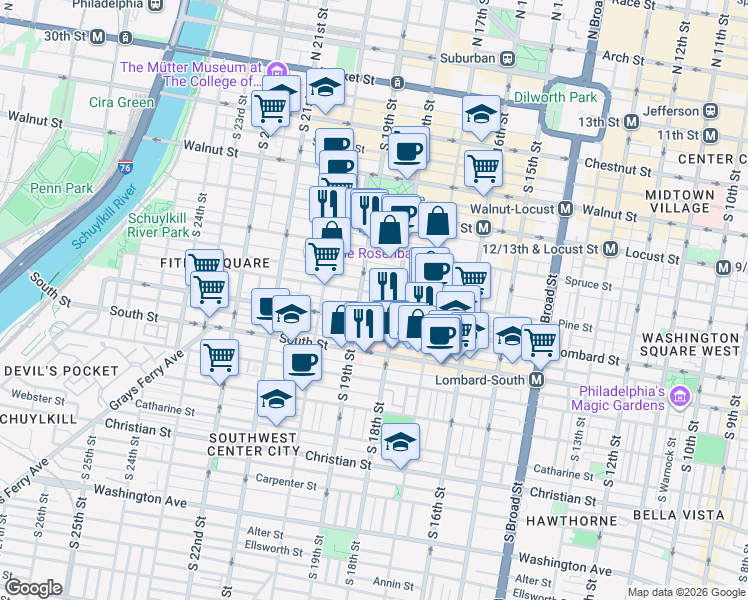 map of restaurants, bars, coffee shops, grocery stores, and more near 1826 Pine Street in Philadelphia