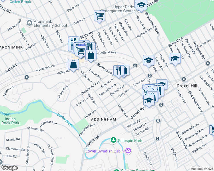 map of restaurants, bars, coffee shops, grocery stores, and more near 515 Drexel Avenue in Drexel Hill