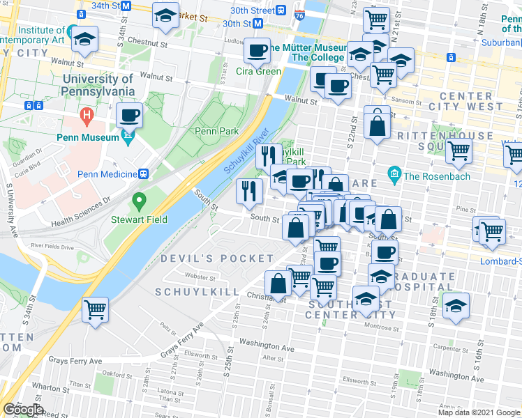 map of restaurants, bars, coffee shops, grocery stores, and more near 2604 Naudain Street in Philadelphia