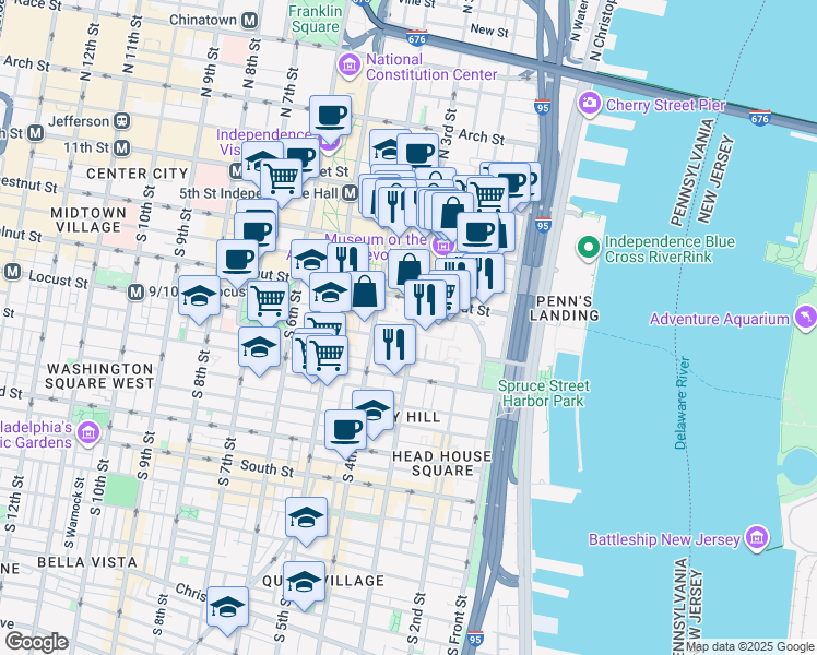 map of restaurants, bars, coffee shops, grocery stores, and more near 226 South 3rd Street in Philadelphia