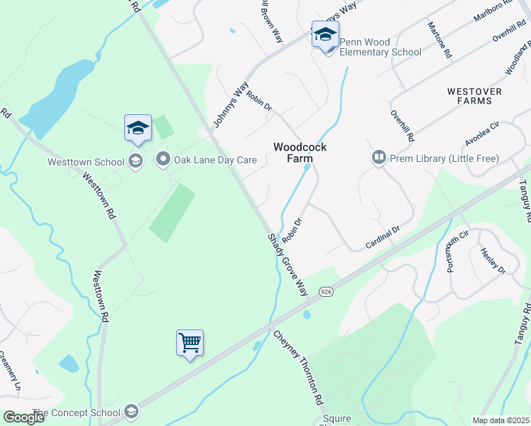 map of restaurants, bars, coffee shops, grocery stores, and more near 1400 Thrush Lane in West Chester