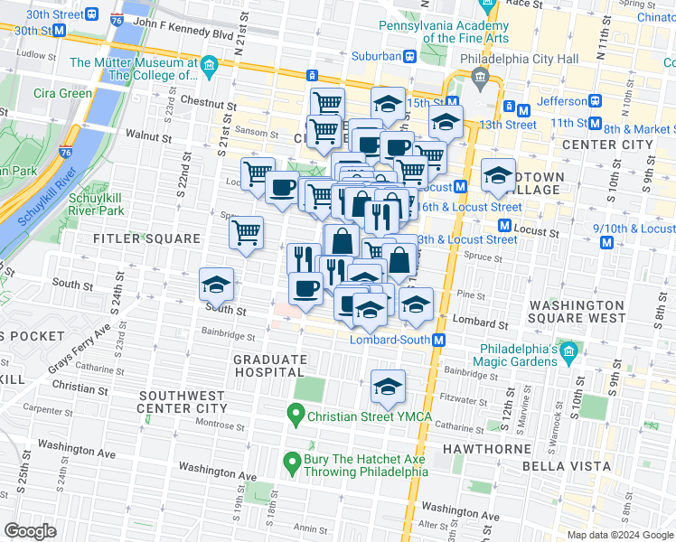map of restaurants, bars, coffee shops, grocery stores, and more near 1702 Pine Street in Philadelphia