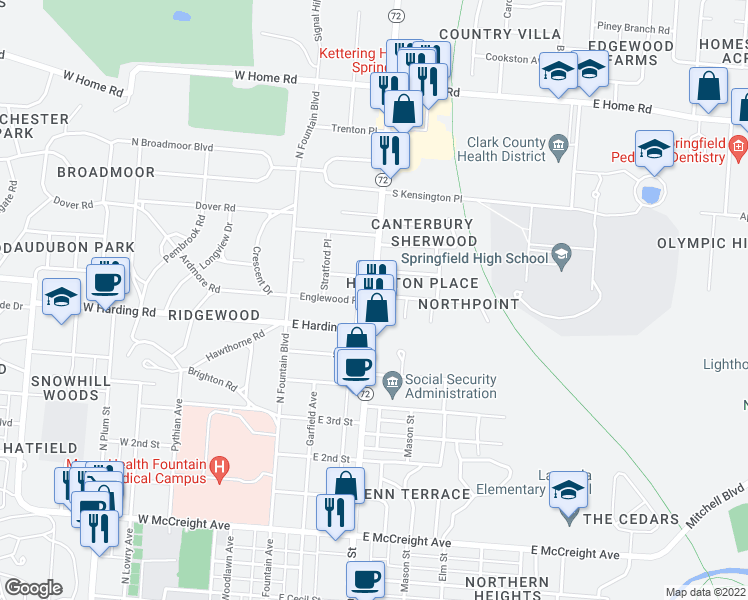 map of restaurants, bars, coffee shops, grocery stores, and more near 1735 North Limestone Street in Springfield