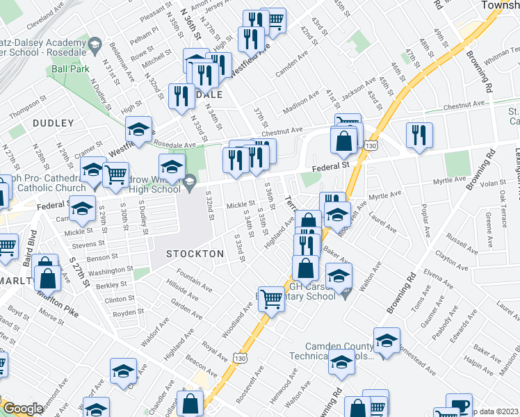 map of restaurants, bars, coffee shops, grocery stores, and more near 103 South 35th Street in Camden