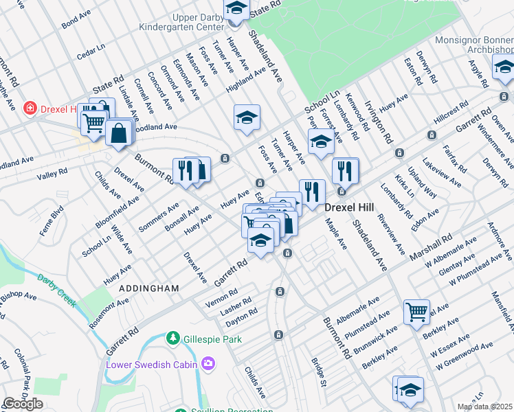 map of restaurants, bars, coffee shops, grocery stores, and more near 3704 Taylor Avenue in Drexel Hill