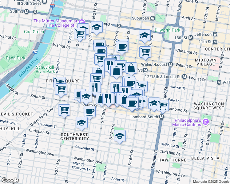 map of restaurants, bars, coffee shops, grocery stores, and more near 1810 Pine Street in Philadelphia