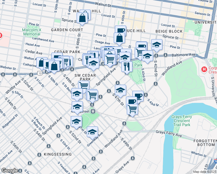 map of restaurants, bars, coffee shops, grocery stores, and more near 4631 Chester Avenue in Philadelphia