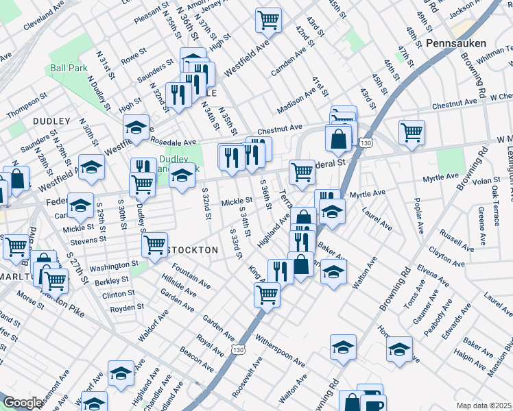 map of restaurants, bars, coffee shops, grocery stores, and more near 103 South 35th Street in Camden