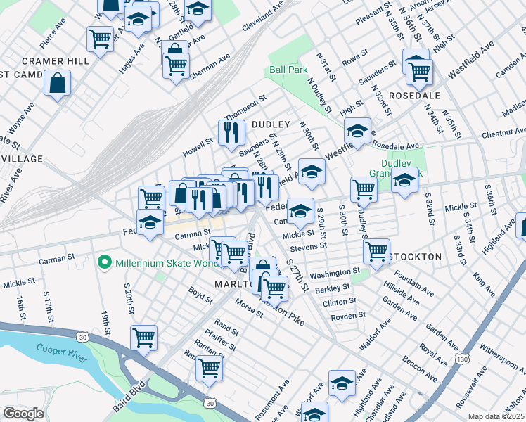 map of restaurants, bars, coffee shops, grocery stores, and more near 15 North 27th Street in Camden