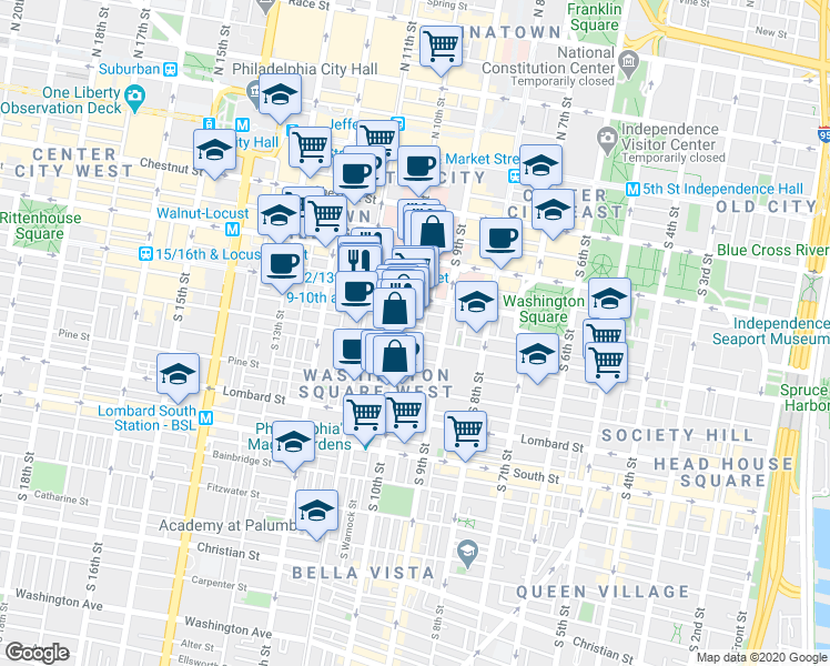 map of restaurants, bars, coffee shops, grocery stores, and more near in Philadelphia