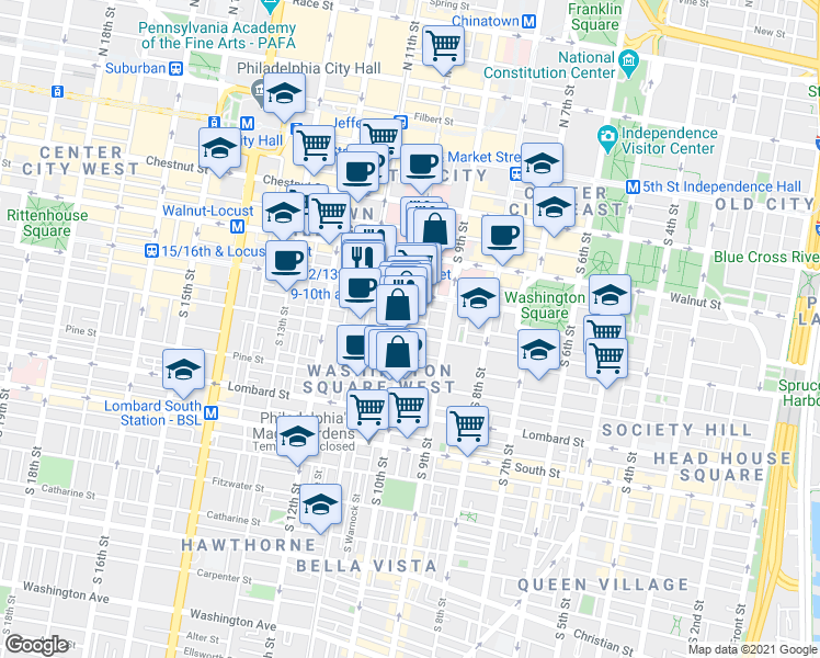 map of restaurants, bars, coffee shops, grocery stores, and more near in Philadelphia