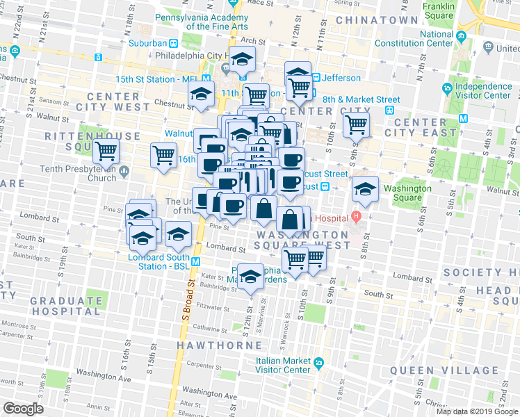 map of restaurants, bars, coffee shops, grocery stores, and more near in Philadelphia