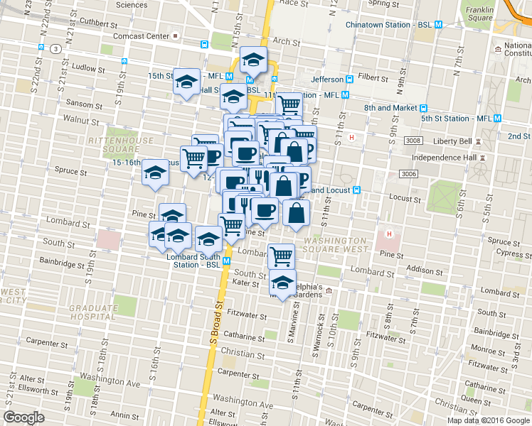 map of restaurants, bars, coffee shops, grocery stores, and more near 1321 Cypress Street in Philadelphia