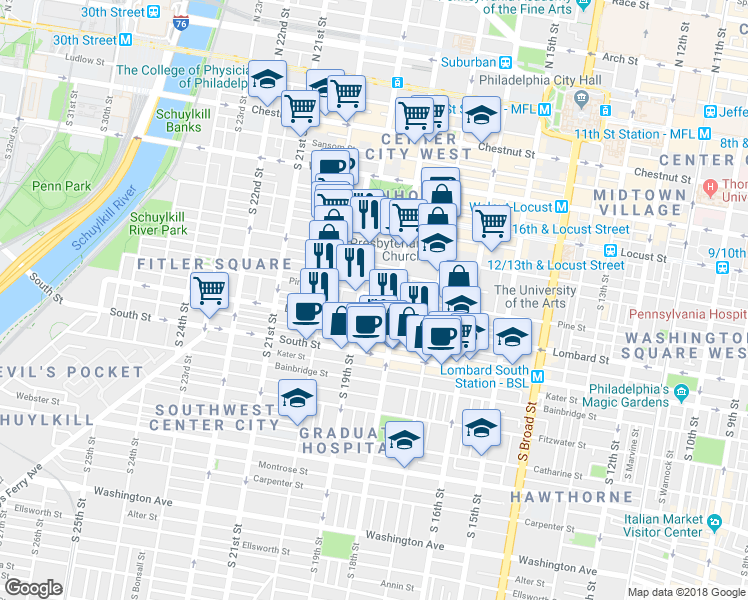 map of restaurants, bars, coffee shops, grocery stores, and more near 1826 Pine Street in Philadelphia