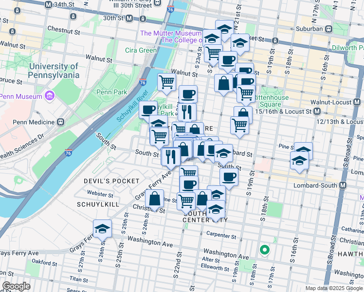map of restaurants, bars, coffee shops, grocery stores, and more near 402 South 23rd Street in Philadelphia