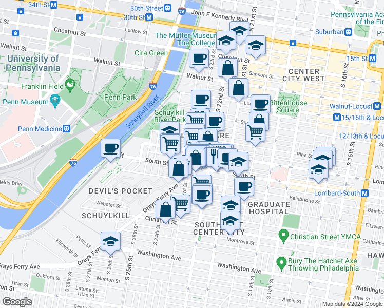 map of restaurants, bars, coffee shops, grocery stores, and more near 402 South 23rd Street in Philadelphia