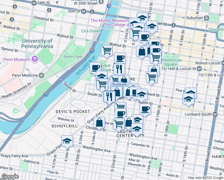 map of restaurants, bars, coffee shops, grocery stores, and more near 402 South 23rd Street in Philadelphia