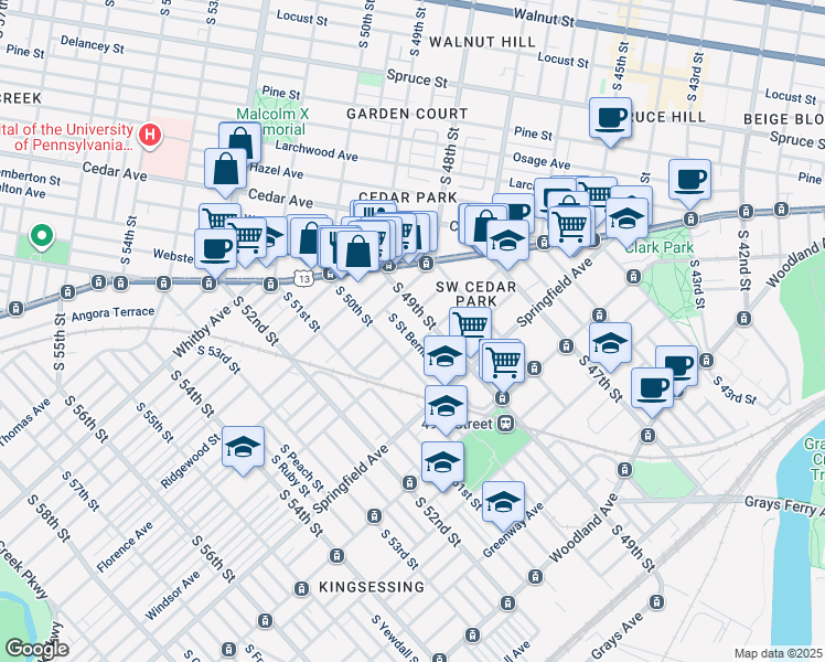 map of restaurants, bars, coffee shops, grocery stores, and more near 817 South Saint Bernard Street in Philadelphia