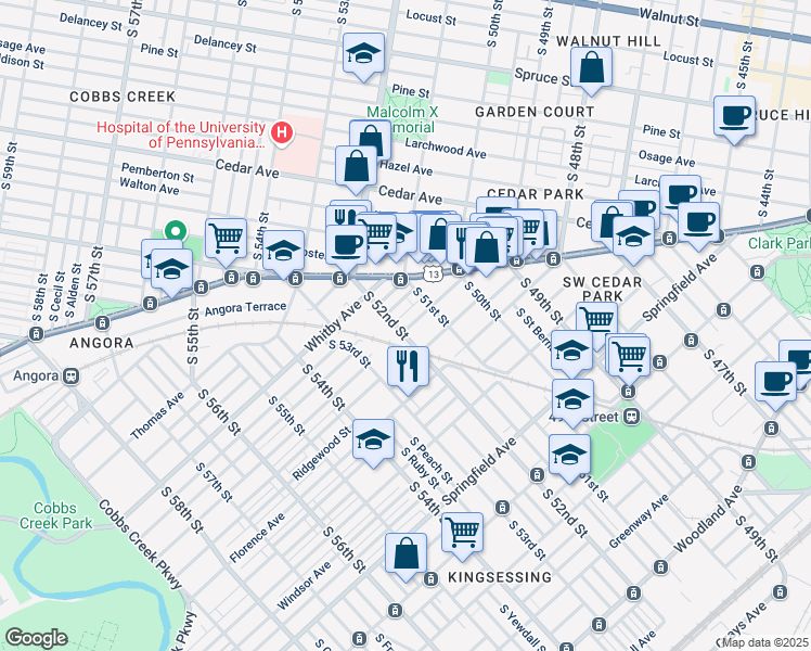 map of restaurants, bars, coffee shops, grocery stores, and more near 5119 Willows Avenue in Philadelphia