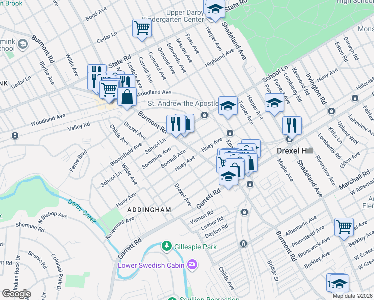 map of restaurants, bars, coffee shops, grocery stores, and more near 518 Burmont Road in Drexel Hill