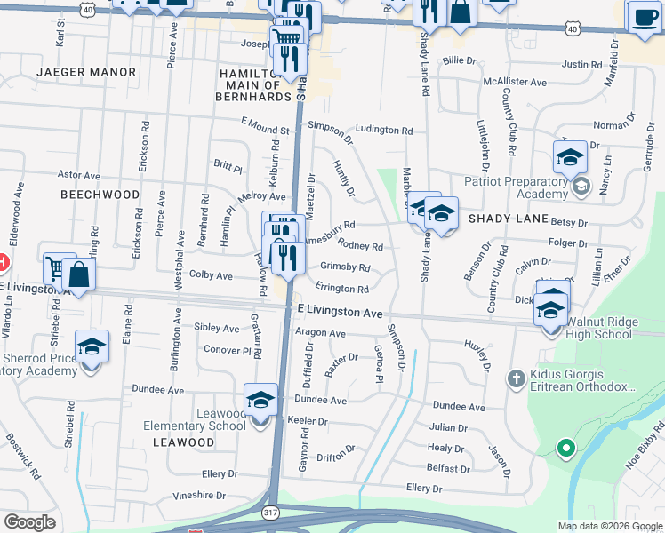 map of restaurants, bars, coffee shops, grocery stores, and more near 4522 Grimsby Road in Columbus