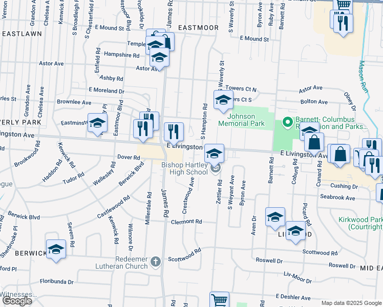 map of restaurants, bars, coffee shops, grocery stores, and more near 1212 Crestwood Avenue in Columbus