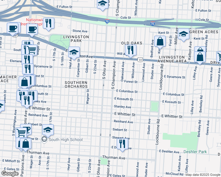 map of restaurants, bars, coffee shops, grocery stores, and more near 913 South Champion Avenue in Columbus