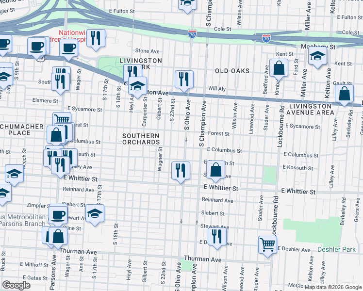 map of restaurants, bars, coffee shops, grocery stores, and more near 894 South 22nd Street in Columbus