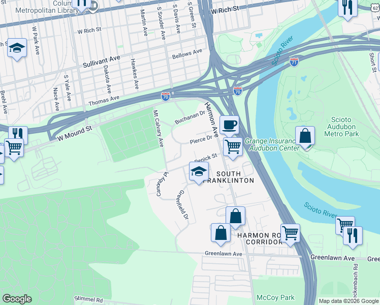 map of restaurants, bars, coffee shops, grocery stores, and more near 553 South Souder Avenue in Columbus