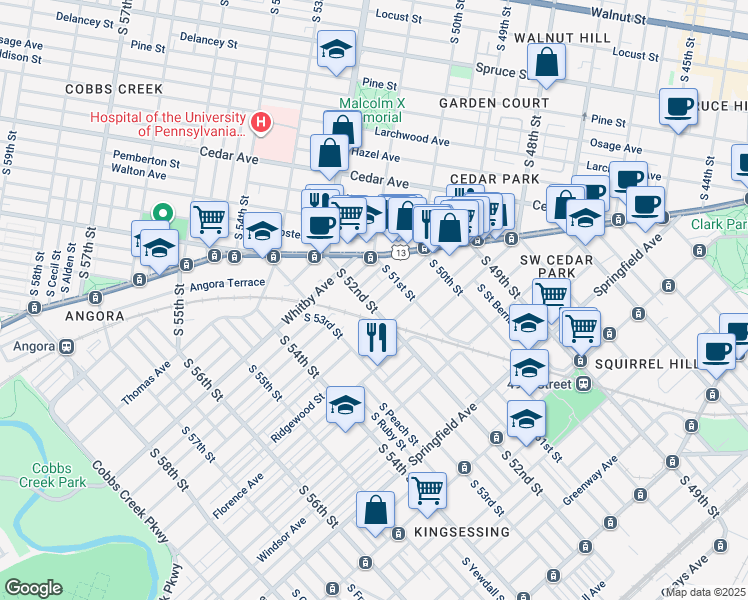 map of restaurants, bars, coffee shops, grocery stores, and more near 781 South 52nd Street in Philadelphia