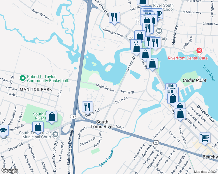 map of restaurants, bars, coffee shops, grocery stores, and more near 217 Magnolia Avenue in Toms River