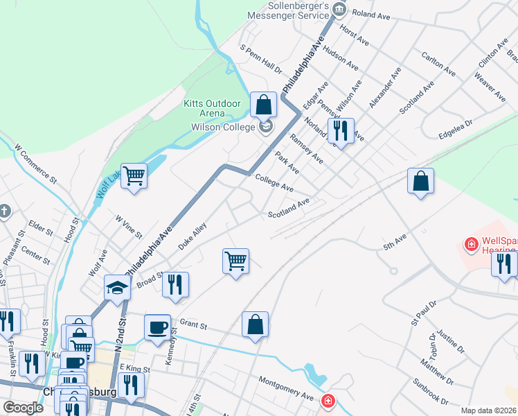 map of restaurants, bars, coffee shops, grocery stores, and more near 220 Kenwood Road in Chambersburg