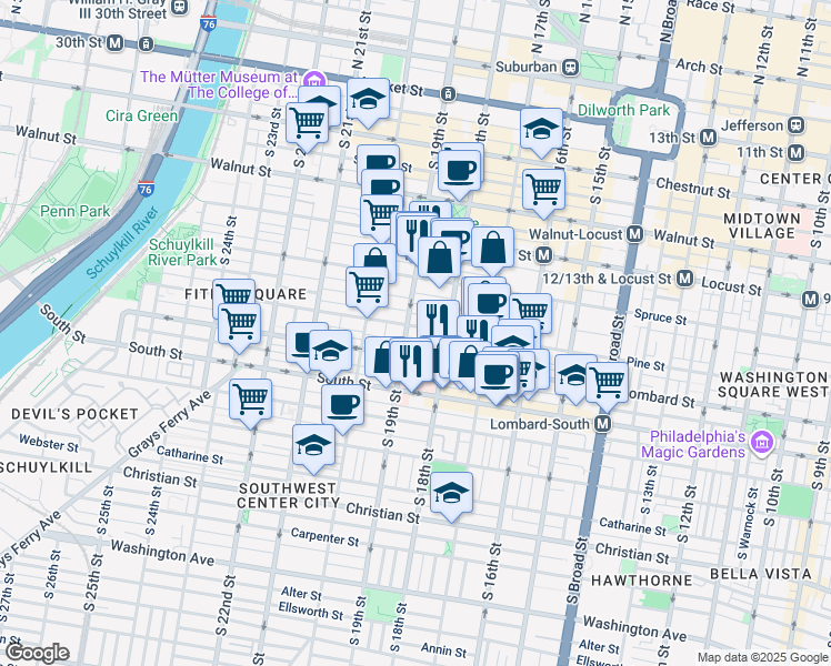 map of restaurants, bars, coffee shops, grocery stores, and more near 1826 Pine Street in Philadelphia