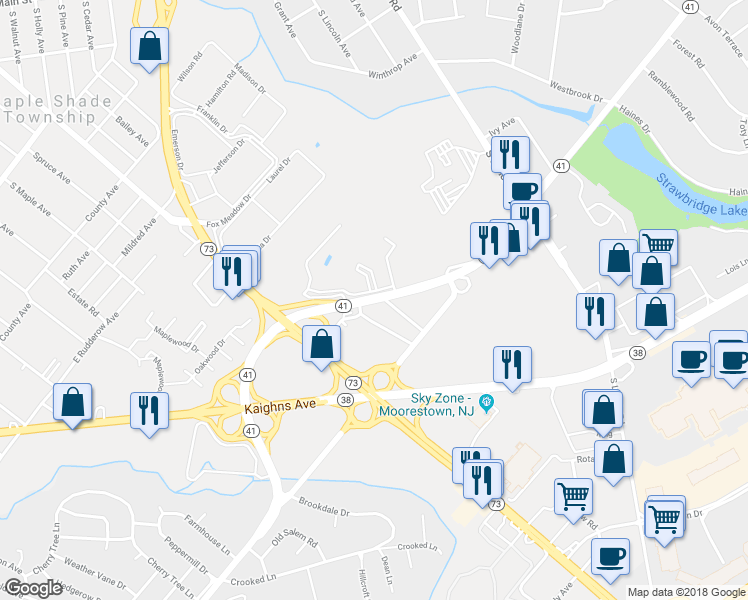 map of restaurants, bars, coffee shops, grocery stores, and more near Kings Highway in Maple Shade Township