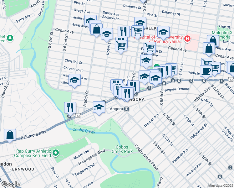 map of restaurants, bars, coffee shops, grocery stores, and more near 943 South 58th Street in Philadelphia