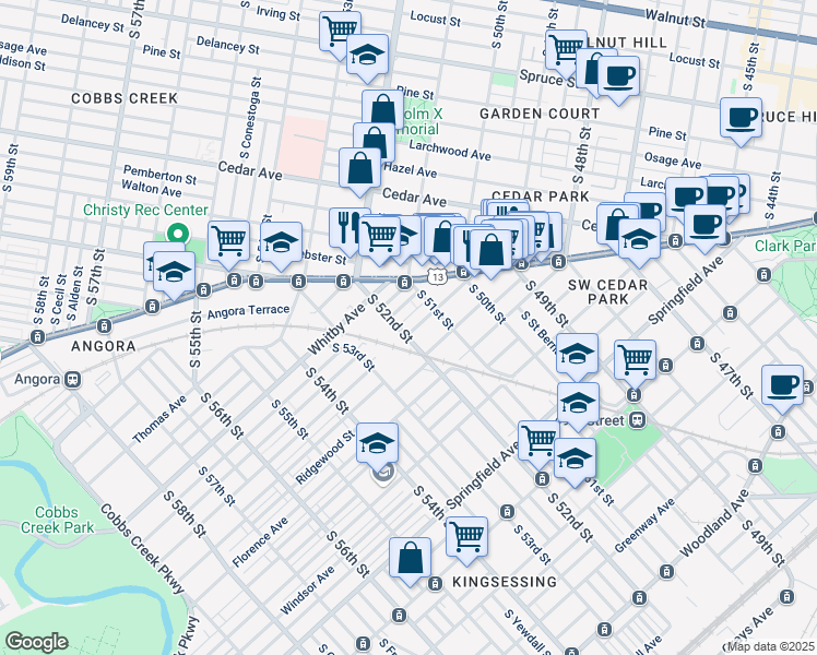 map of restaurants, bars, coffee shops, grocery stores, and more near 779 South 52nd Street in Philadelphia
