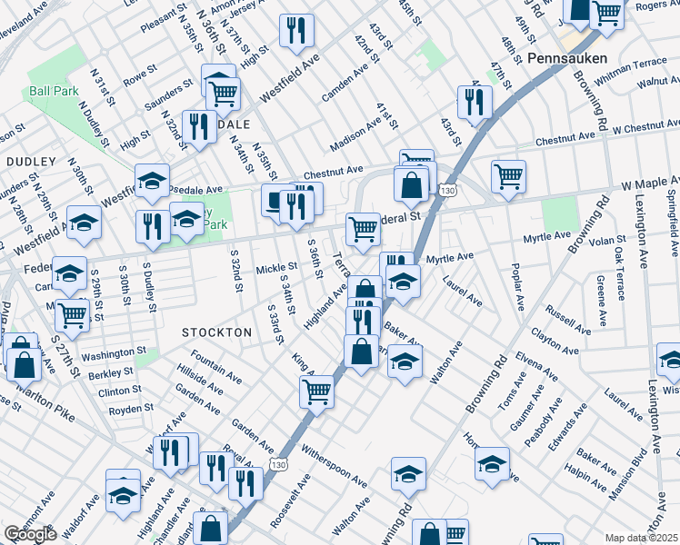 map of restaurants, bars, coffee shops, grocery stores, and more near 106 South 36th Street in Camden