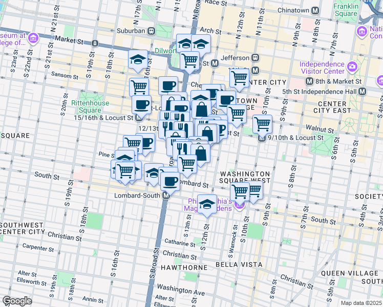 map of restaurants, bars, coffee shops, grocery stores, and more near 1336 Cypress Street in Philadelphia